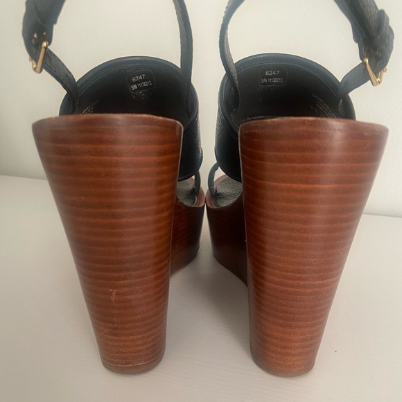 Tory Burch Selma Wood Wedge Sandal Black Leather - Picture 3 of 5